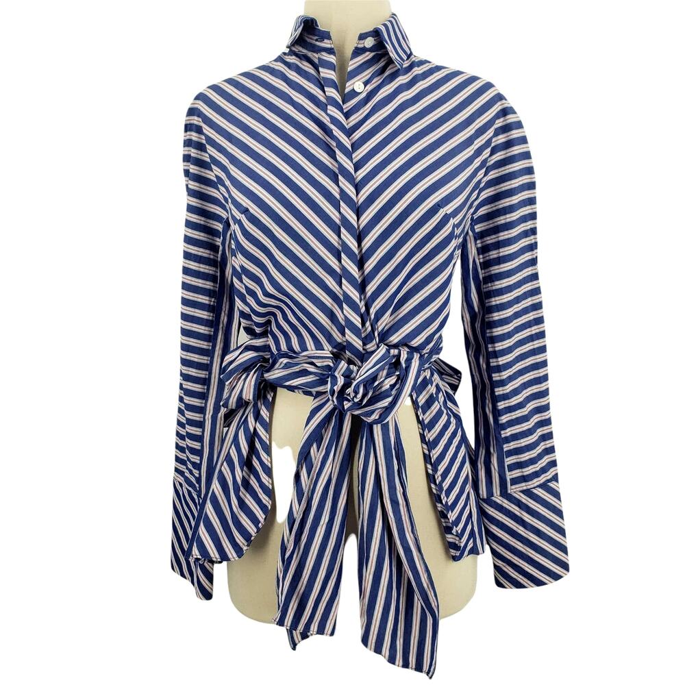 Petersyn Origami Tie Contrasting Stripe Cotton Blouse XS